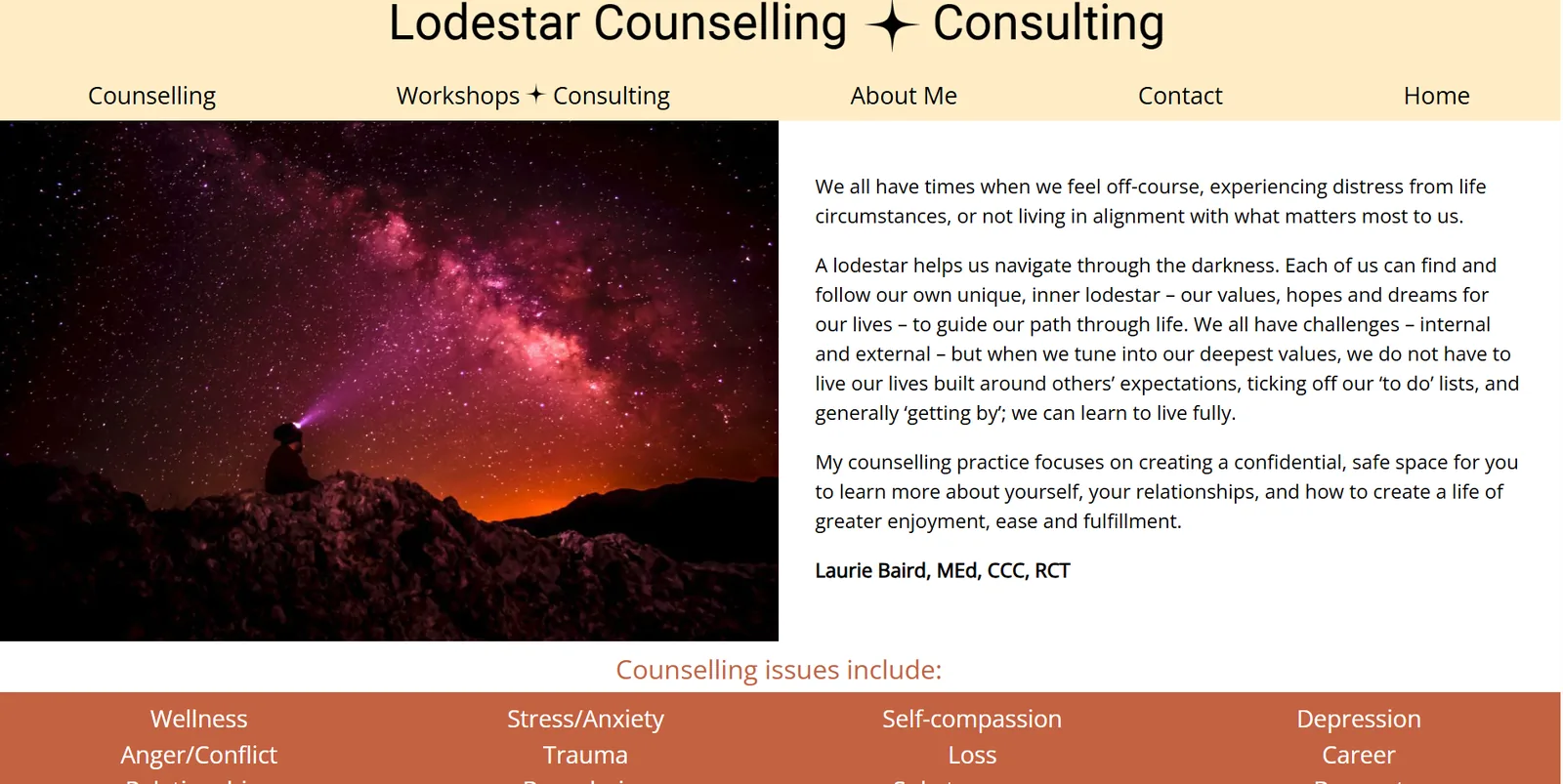 The Lodestar Counselling website before the rebuild: no hours, no phone number, a contact form